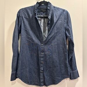 Lauren Ralph Lauren Blue Denim Ruffle-Neck Button-Up Top